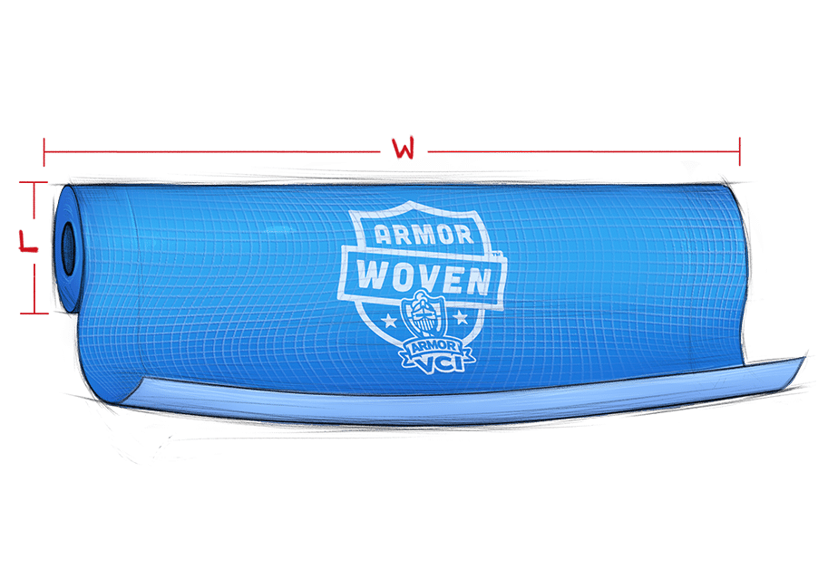 Illustration of ARMOR Woven VCI poly woven roll laid flat, showing blue corrosion‑prevention wrap with labeled width and length dimensions for protecting metal coils and industrial steel surfaces.