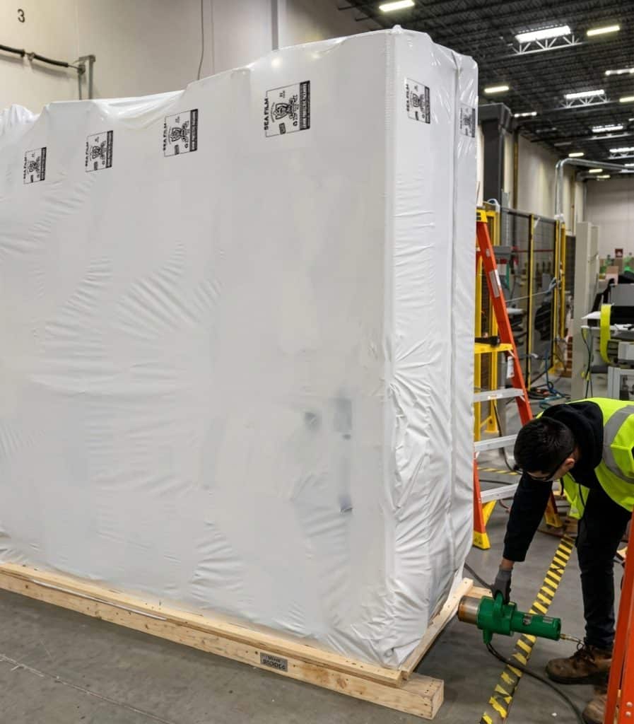 Electrical server rack protected with custom ARMOR Sea Film wrap for vci protection and labor savings for each shipment