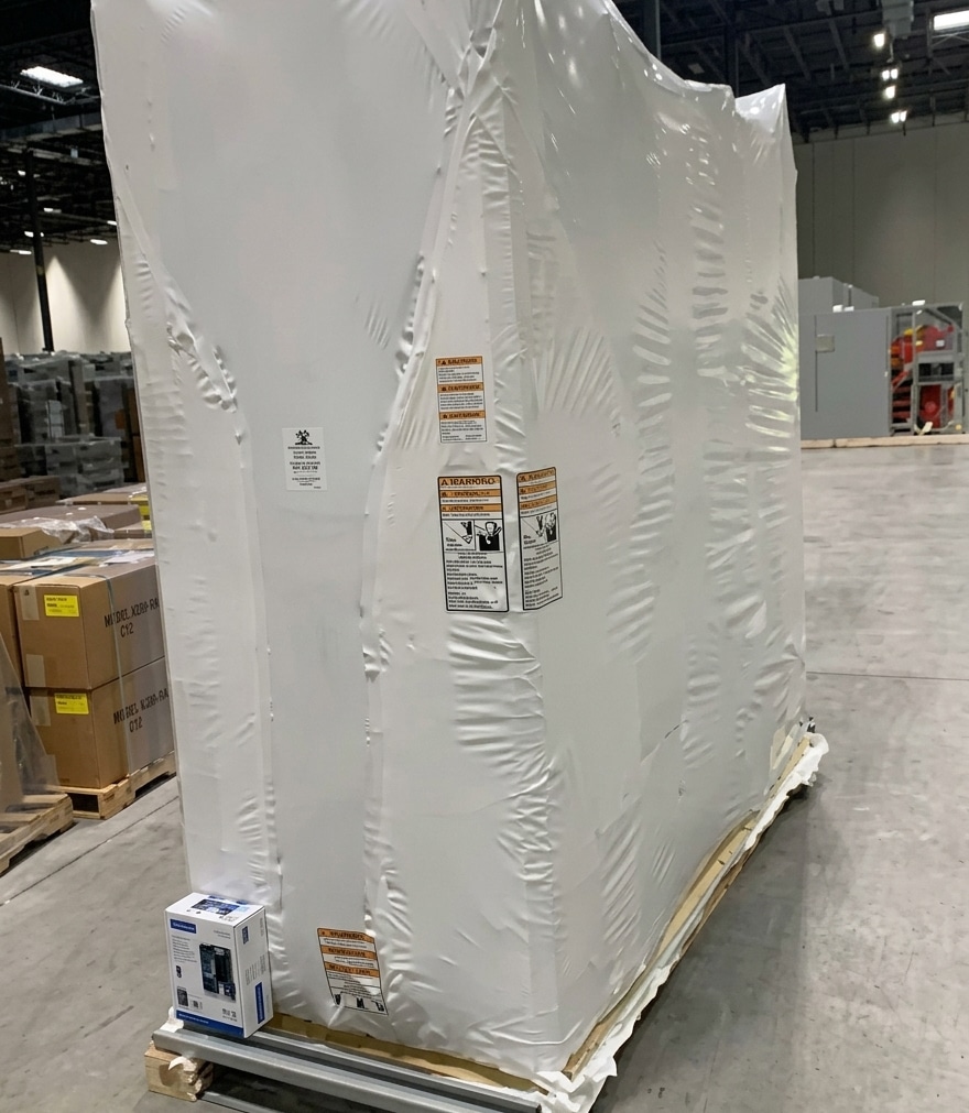 Electrical server rack, wrapped in vci film (before photo)