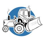 ARMOR Markets And Applications Icons For Applications Webpages (Construction And Agriculture) Black and white sketch of two tractors, one with a front loader, set against a blue circular background. Both tractors emit smoke from their exhaust pipes in a simple, cartoon-like illustration style