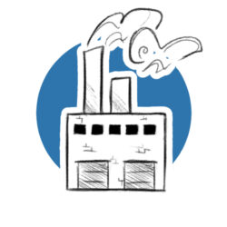 ARMOR Markets And Applications Icons For Applications Webpages (Oil And Gas) Illustration of a factory with two smoking chimneys and a rectangular building, set against a blue circular background