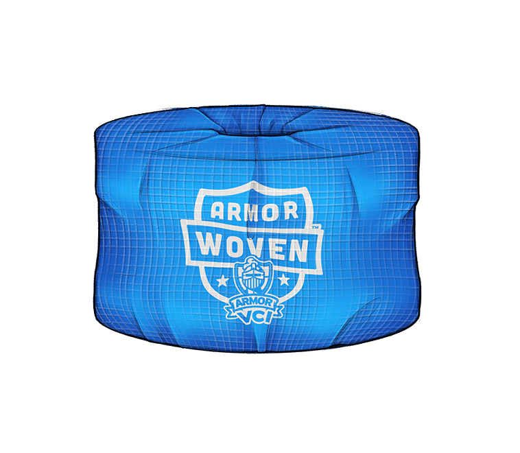 Illustration of ARMOR Woven VCI poly woven steel coil wrap in bright blue, showing durable corrosion‑prevention packaging designed to protect metal coils from rust.