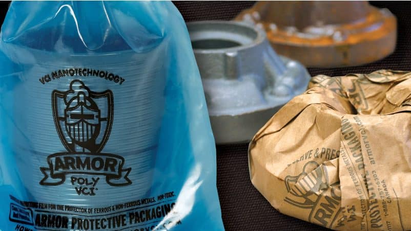 Light brown ARMOR WRAP® VCI paper covering a metal part and blue ARMOR POLY® VCI film bag with metal part enclosed, used for rust prevention packaging.