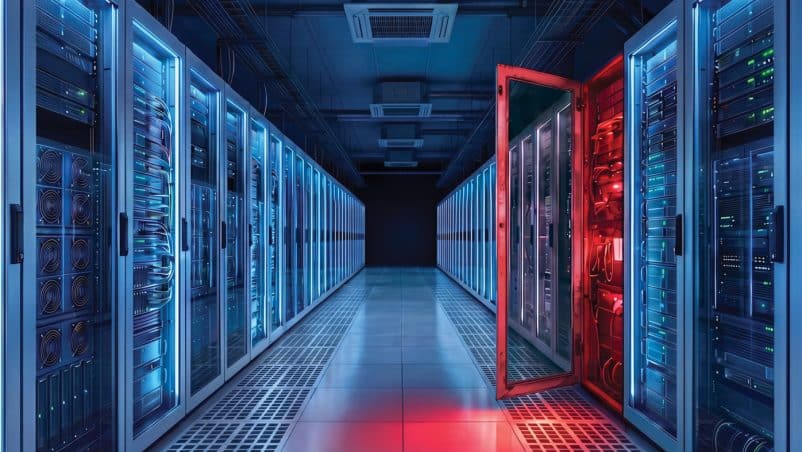 hallway of a server room with one server red because it's compromised