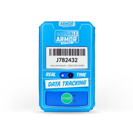 ARMOR's Invisible Armor moisture control data tracker device labeled with barcode, shipment tracking sections, and green 'START' button — used for monitoring and protecting shipments from moisture damage